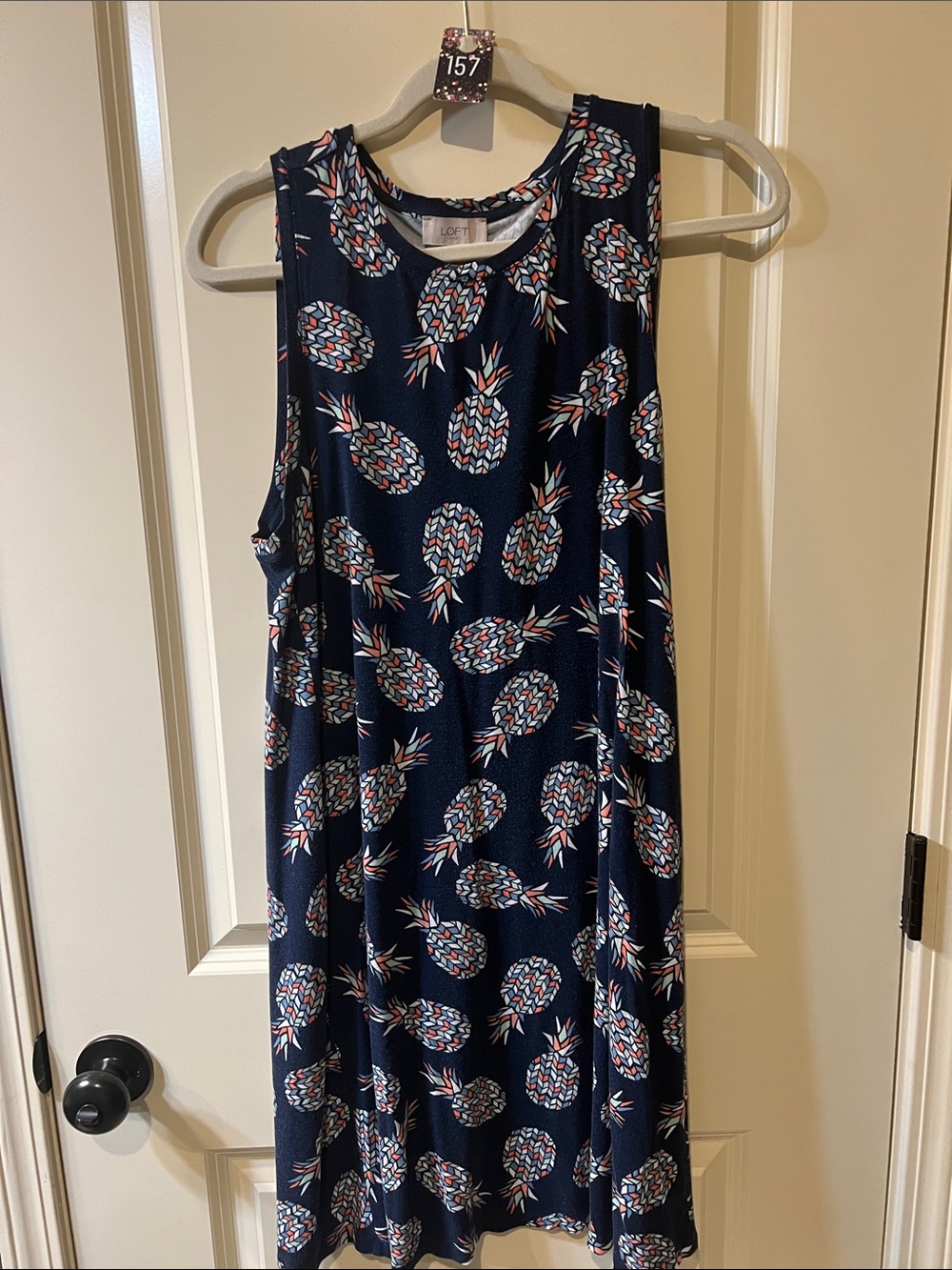 LOFT Navy Pineapple Print Sleeveless Midi Dress H157